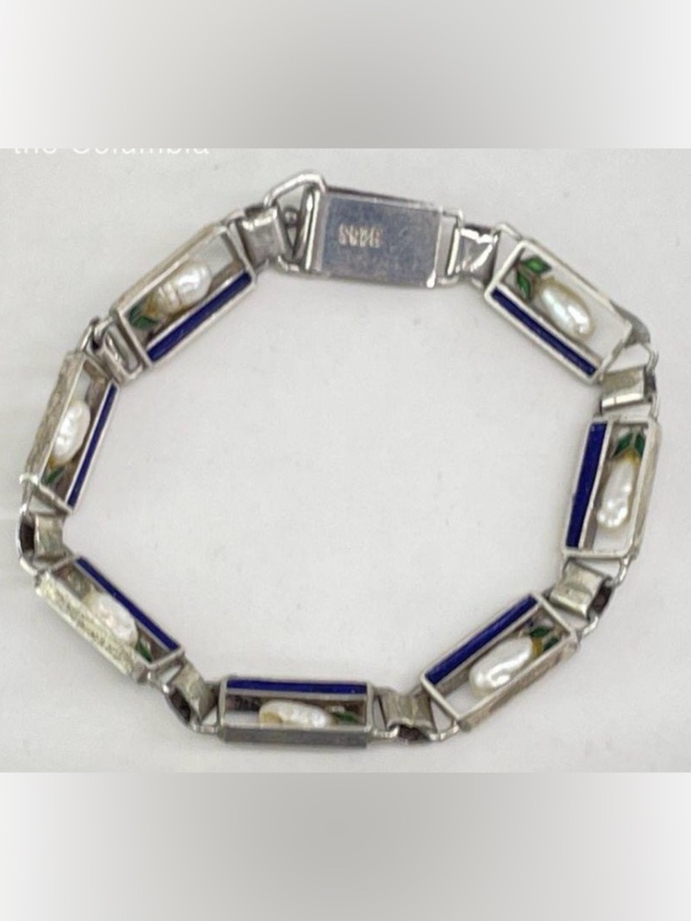 Sterling Silver Blue Enamel Pearl Link Bracelet - Picture 3 of 4